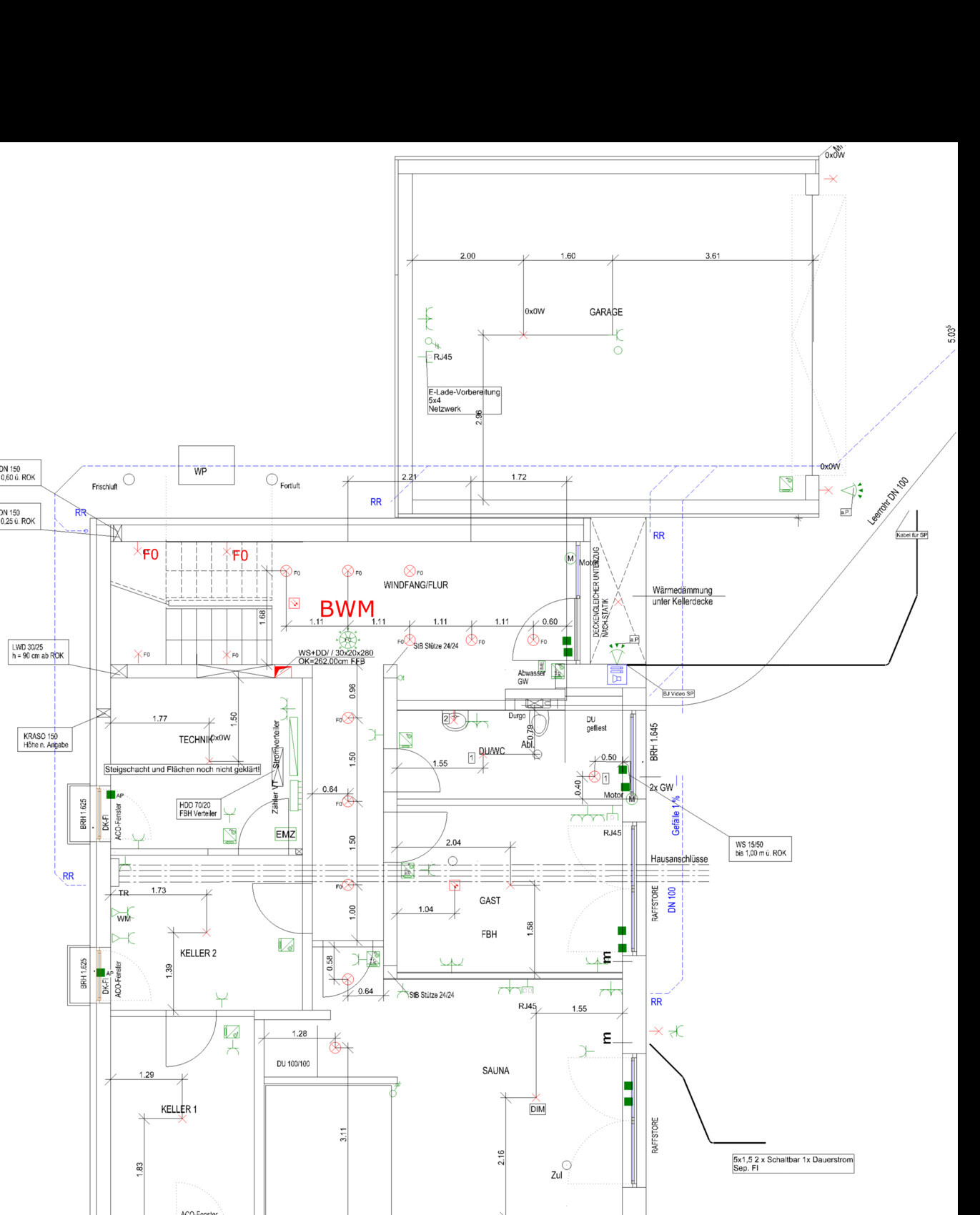 Grundriss eines Gebäudeteils mit Räumen BWM, Technik, Sauna, Gast, Keller; Maßlinien