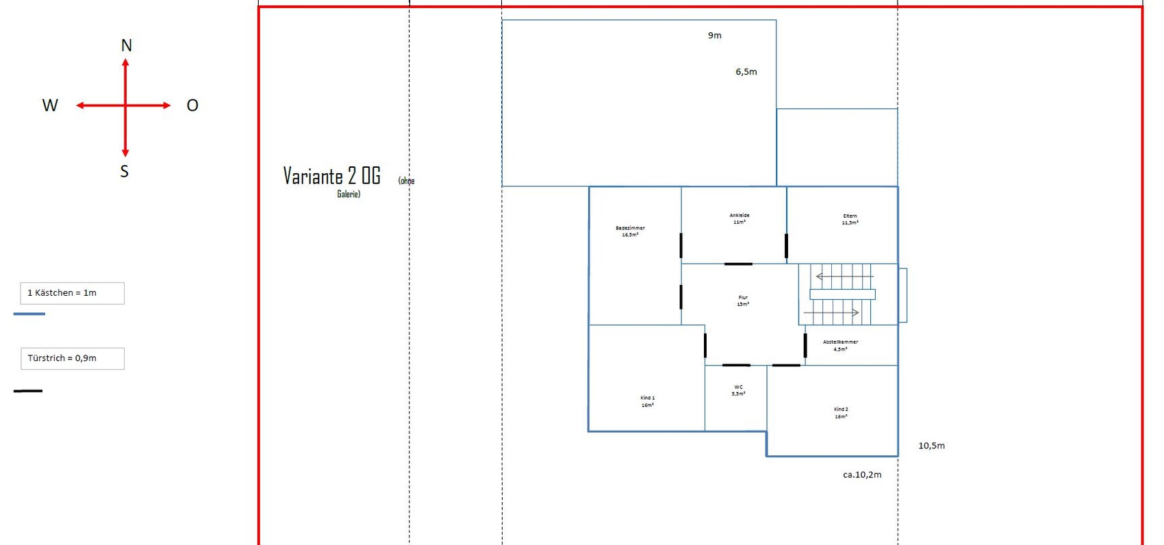 Grundriss eines Wohnhauses: Galerie-Variante 2. OG mit Bad, Eltern- und Kinderzimmer.