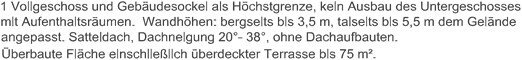 Plan: 1 Vollgeschoss + Sockel als Höchstgrenze; kein UG-Ausbau; Satteldach, 20–38°, 75 m² Nutzfläche.