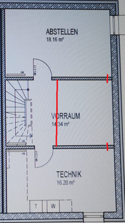 Grundrissplan eines Gebäudes mit Vorraum, Technikraum und Abstellfläche