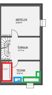 Grundrissplan eines Hauses mit Vorraum, Technikraum und Abstellraum; Treppenaufgang links.