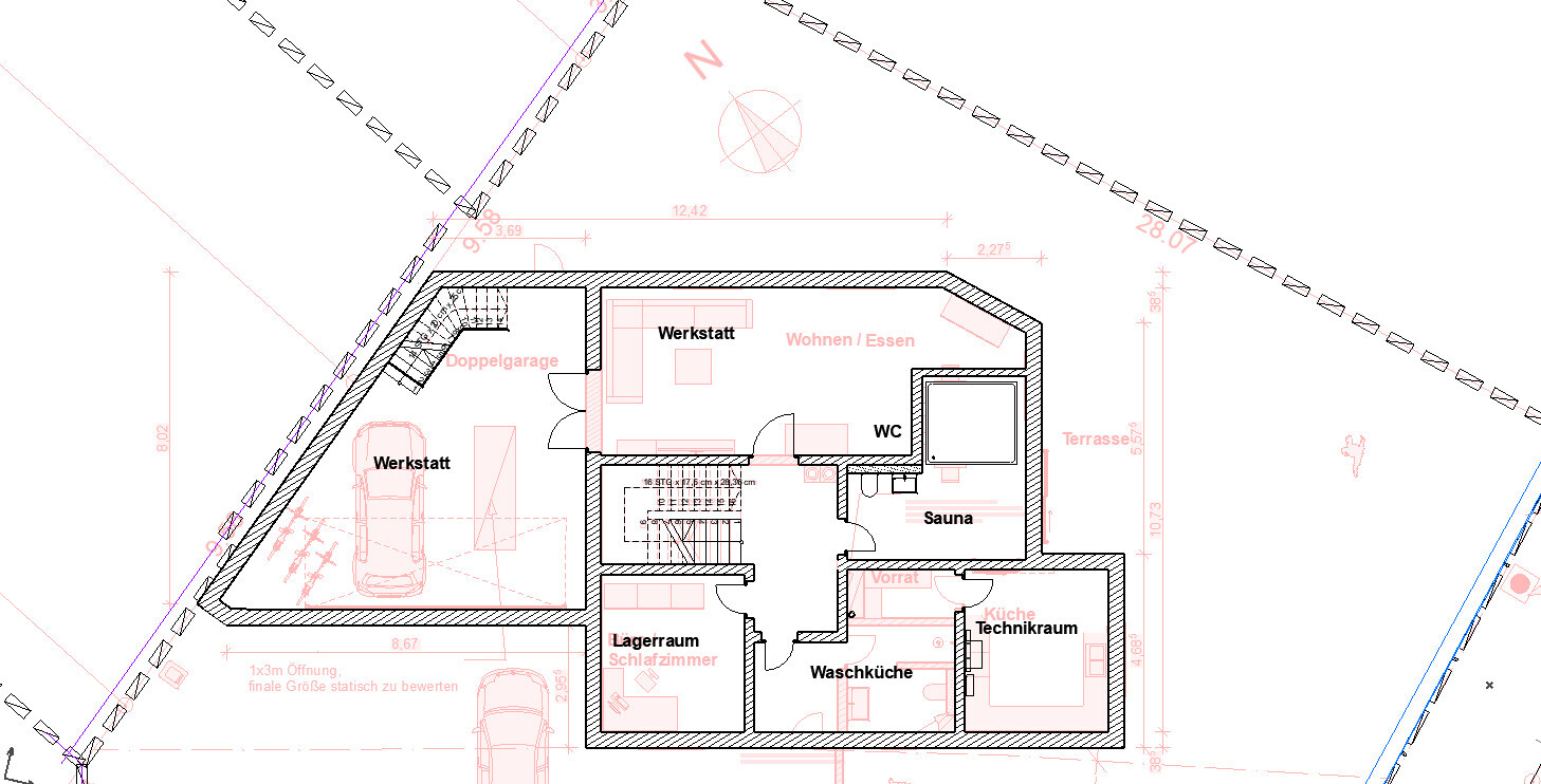 Grundriss eines Hauses mit Garage, Werkstatt, Wohnbereich, Küche, Sauna, Waschküche und Terrasse.