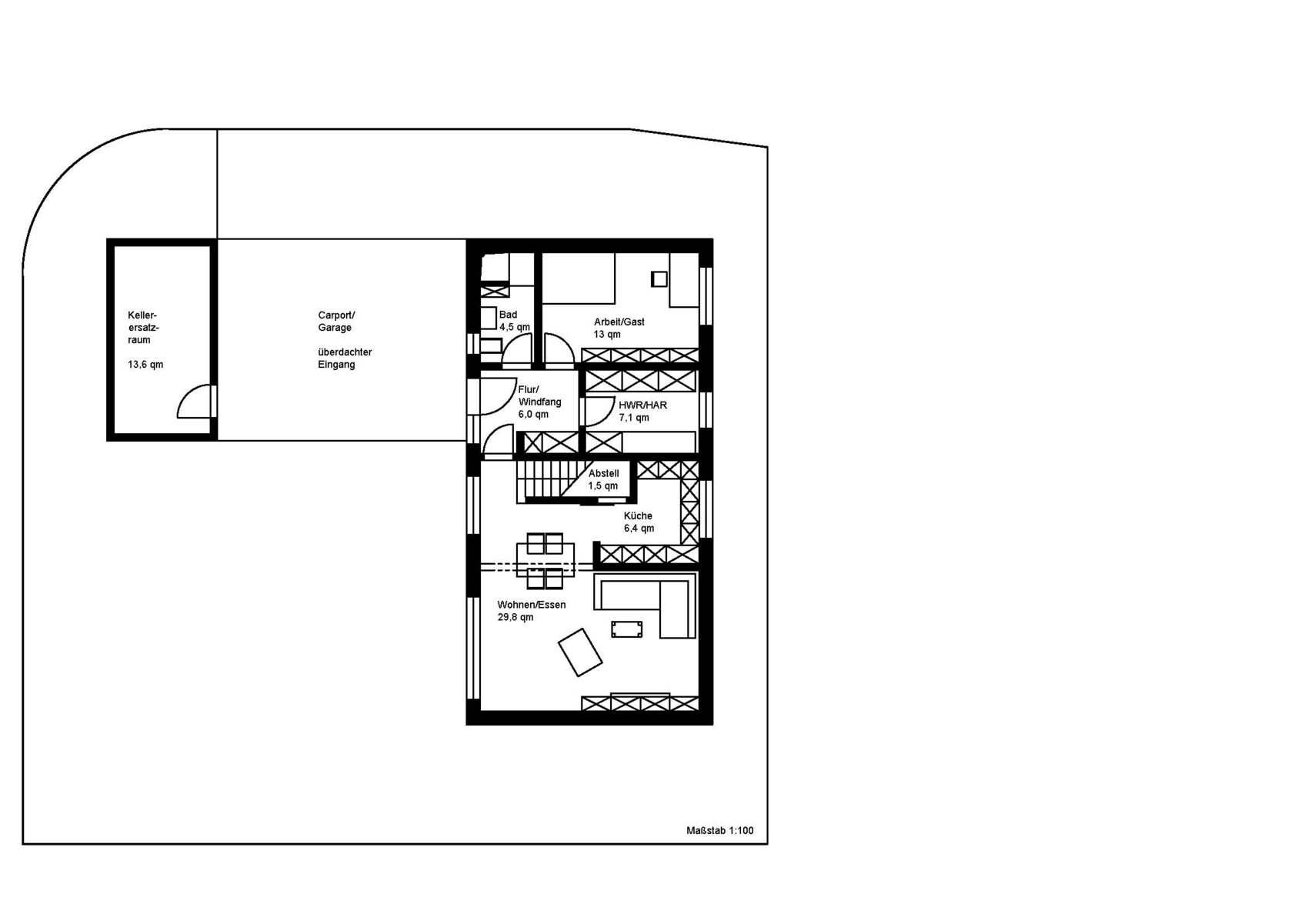 Grundriss eines Hauses mit Wohnzimmer, Küche, Flur, Bad und Abstellraum