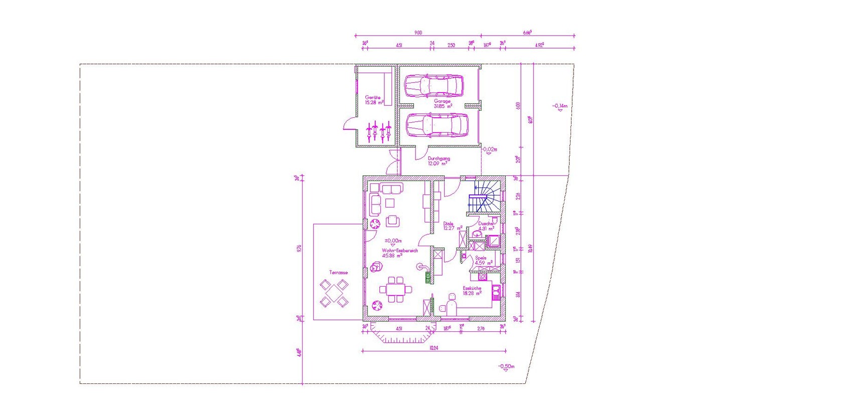 2D-Grundriss eines Hauses mit Garage, Terrasse und Wohn-Essbereich