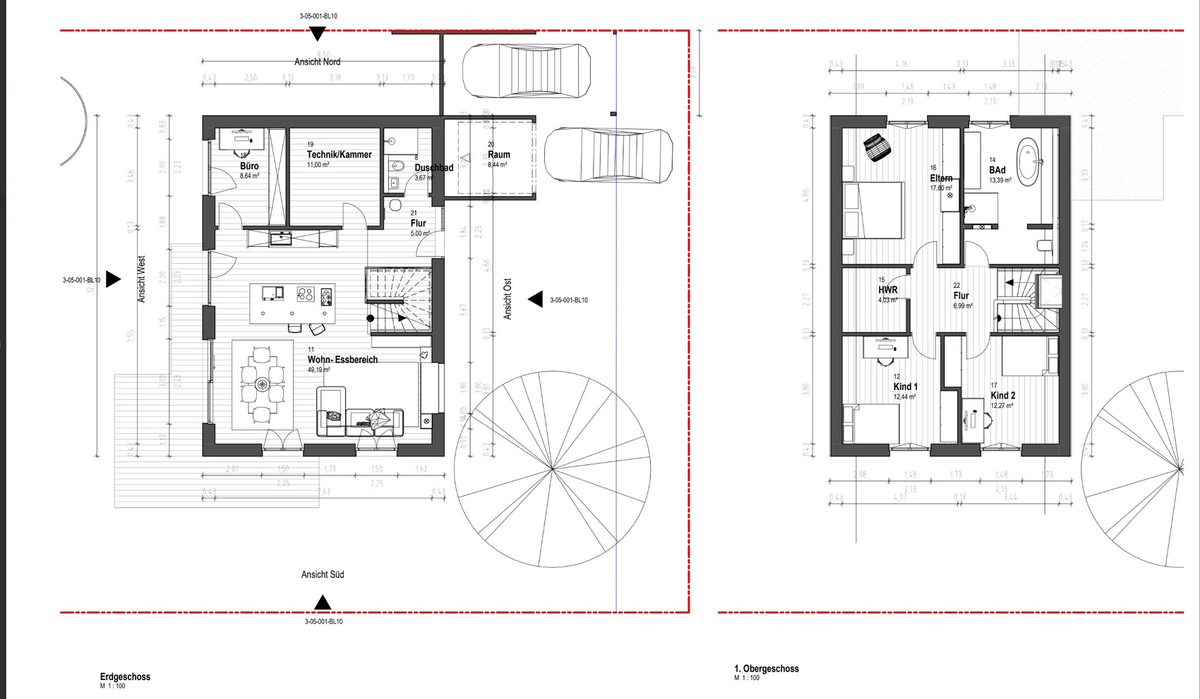 Zweigeschossiger Hausgrundriss mit Wohn- und Essbereich, Kueche und Schlafzimmern.