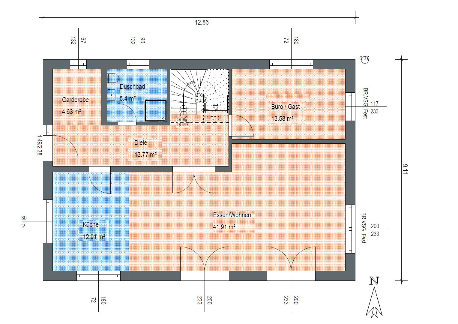Grundriss eines Hauses: Küche, Essen/Wohnen, Diele, Garderobe, Duschbad, Büro/Gast.