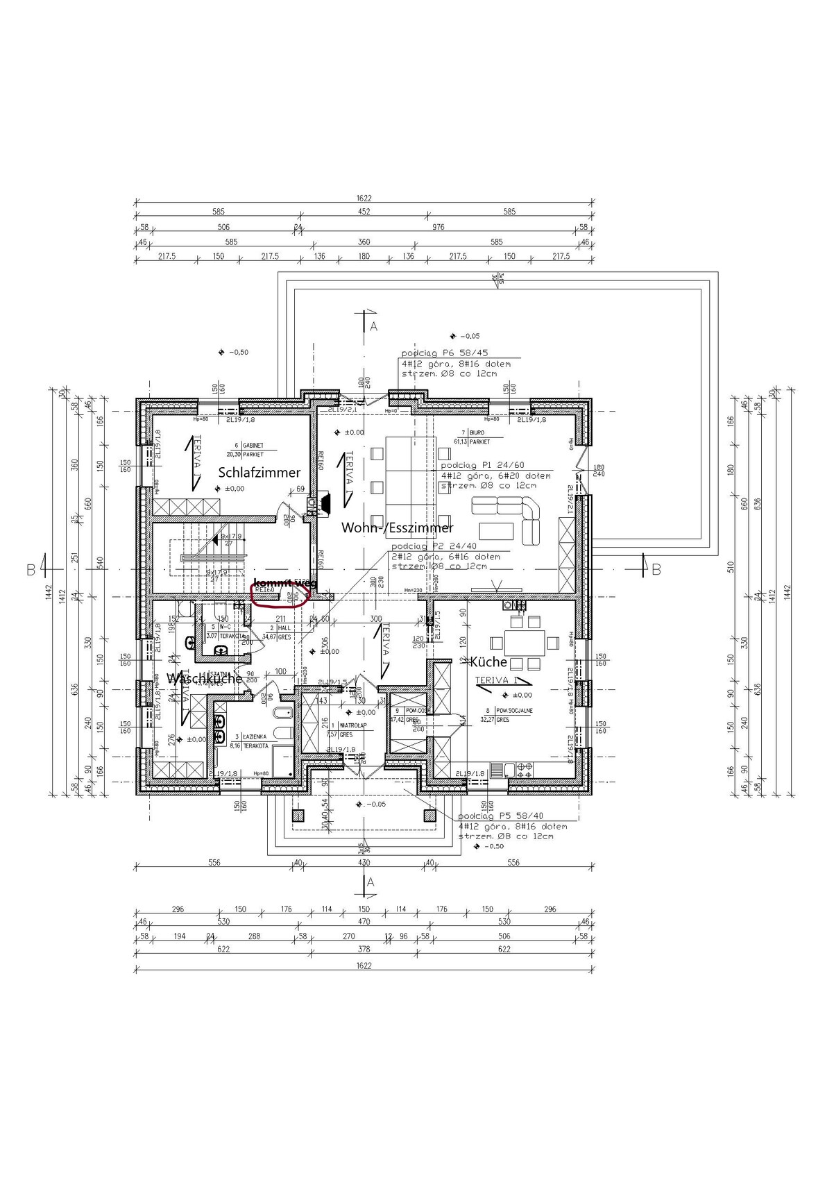Grundriss eines Hauses: Schlafzimmer, Wohn-/Esszimmer, Küche und Waschküche mit Maßangaben.