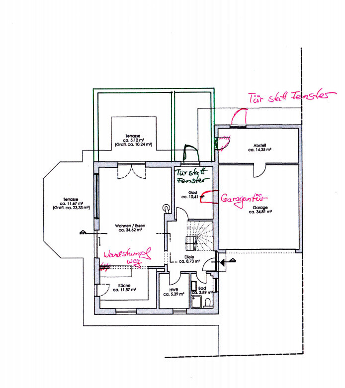 Grundriss eines Hauses mit Wohnzimmer, Küche, Diele, HWR, Bad, Gast, Garage und Terrasse.
