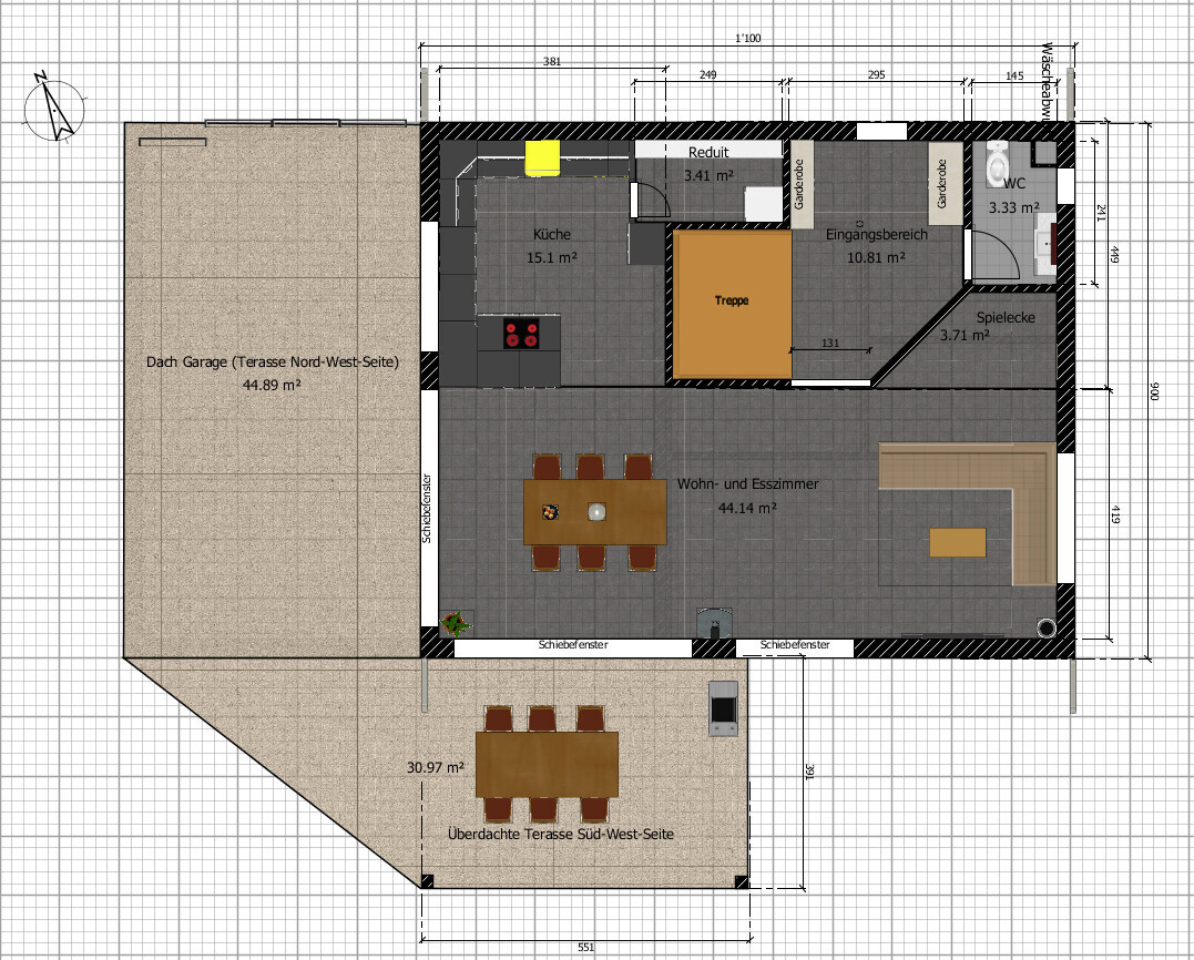 2D-Grundriss eines Hauses mit Küche, Wohn- und Essbereich, Terrasse und Treppe