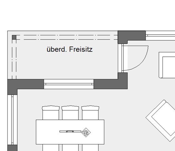 Grundriss: Esstisch mit Stühlen, Sofa, überdachter Freisitz.