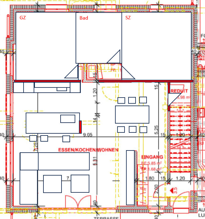 2D-Grundrissplan eines Hauses mit Essbereich, Kochen, Wohnen, Bad und Eingang