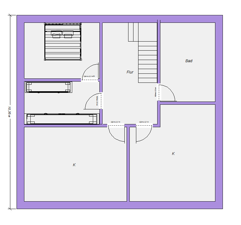 Grundriss eines Hauses mit Flur, Bad und Küche