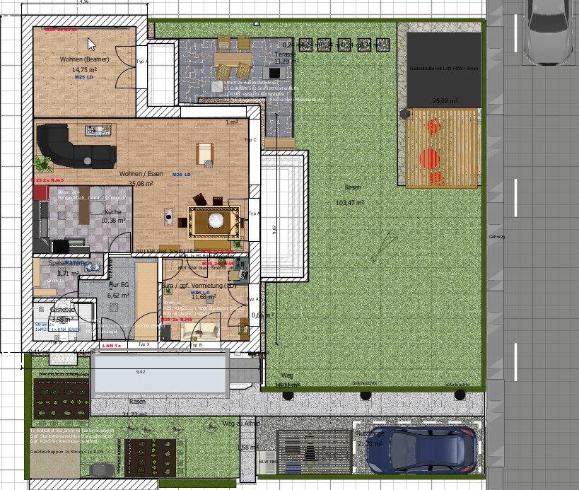 Grundriss eines Hauses mit großem Garten, Terrasse und Pkw-Stellplatz im Plan.