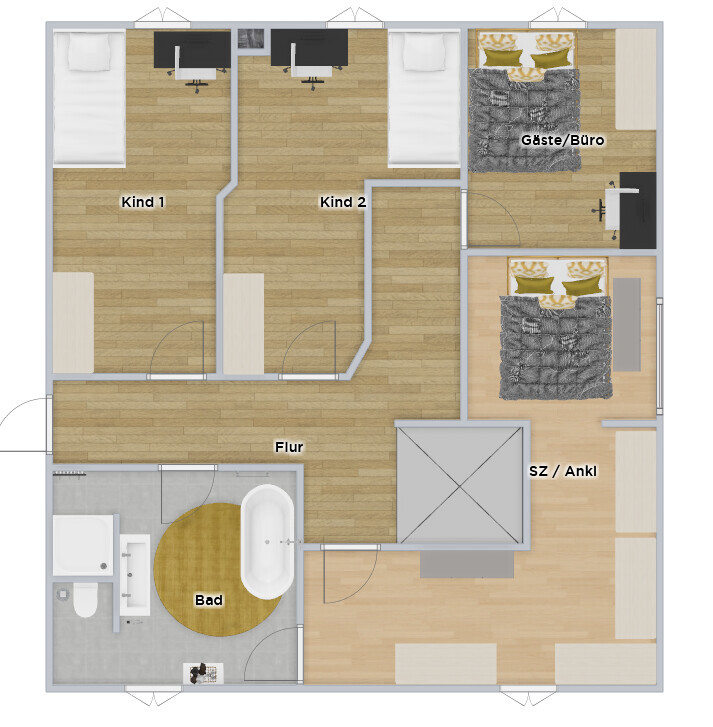 Grundriss eines Wohnplans: Flur verbindet zwei Kinderzimmer, Gäste/Büro, SZ/Ankleide und Bad.