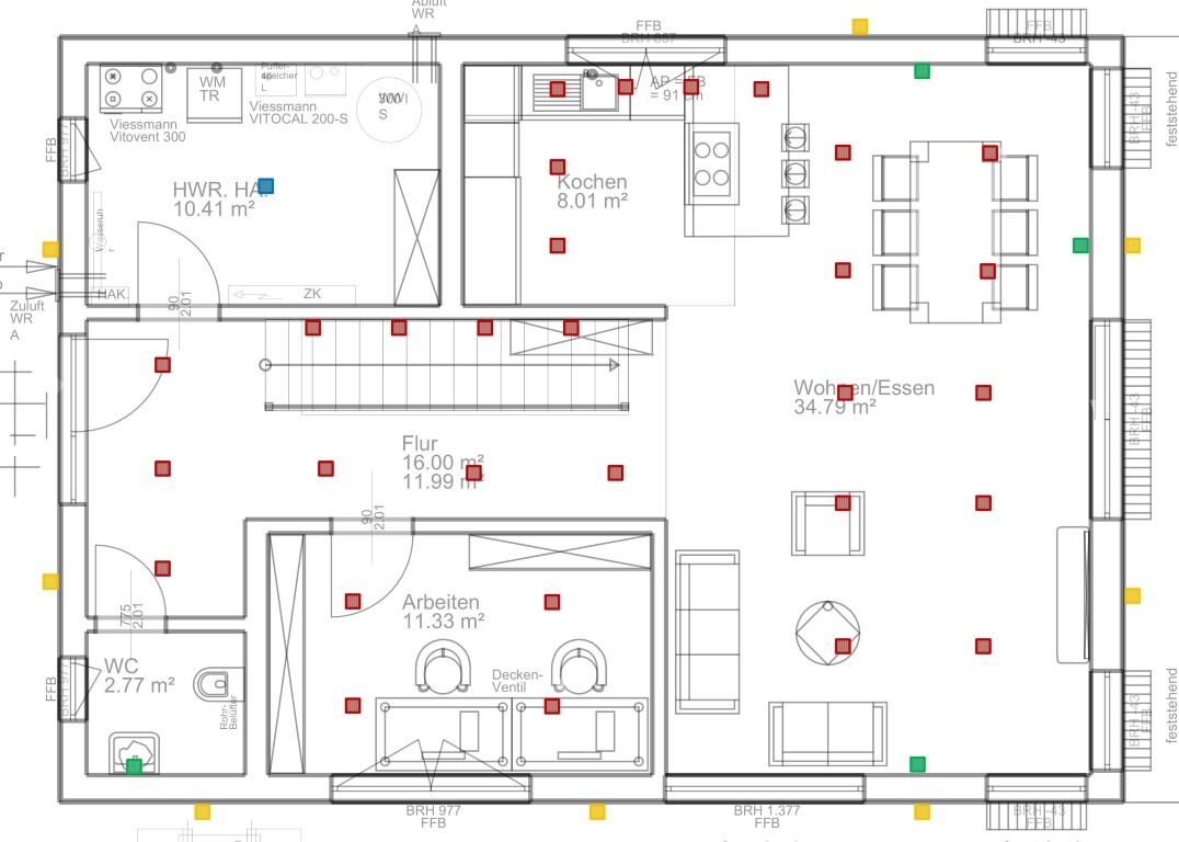 Grundriss eines Hauses: offener Wohn-/Essbereich, Kueche, HWR, Arbeiten, Flur, WC.