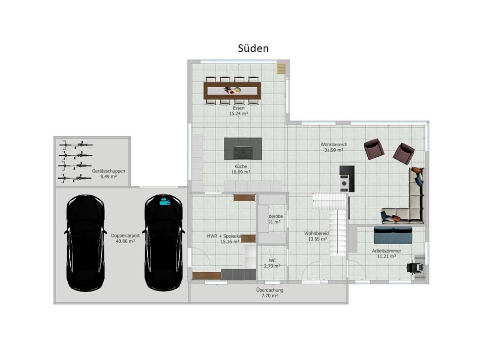Grundriss eines Hauses: Küche, Essen, Wohnzimmer, Arbeitszimmer, WC, HWR, Garage für zwei Autos.