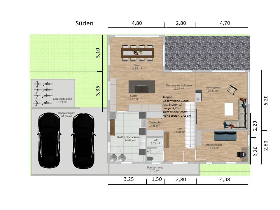 Grundriss eines Hauses: Garage, Carport und Garten links; Kueche, Essbereich und Wohnraum rechts.