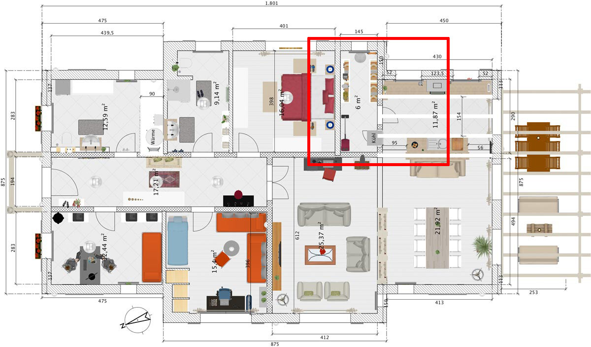 Grundriss eines Hauses mit rotem Rechteck im oberen rechten Bereich: Schlafzimmer und Arbeitsbereich.