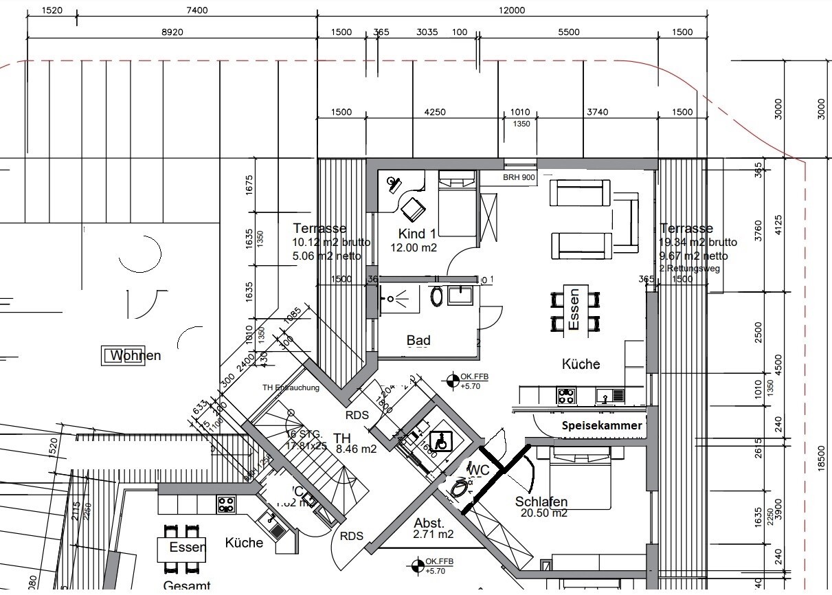 Grundriss eines Wohnhaus-EG mit Wohnen, Küche, Essbereich, Schlafen, Bad und Terrasse.