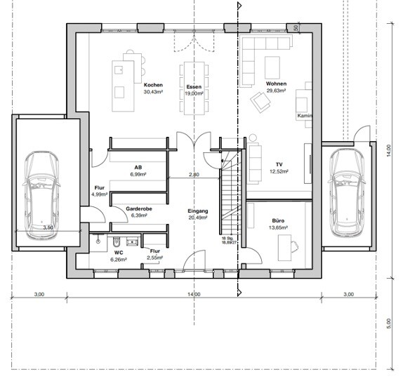 Grundriss eines Hauses: Küche, Essen, Wohnen, Büro, Eingangsbereich, Garagen links/rechts.