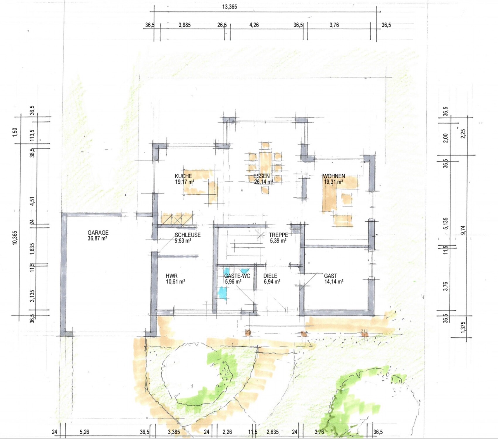 Grundrissplan eines Einfamilienhauses mit Küche, Essen, Wohnzimmer, Garage.
