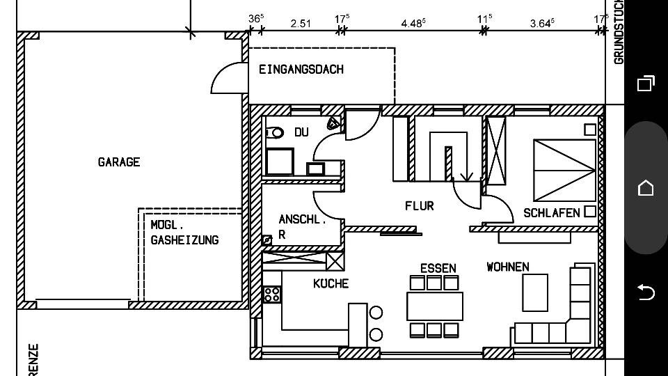 2D-Grundriss eines Hauses mit Garage, Küche, Essbereich, Wohnzimmer, Flur und Schlafzimmer