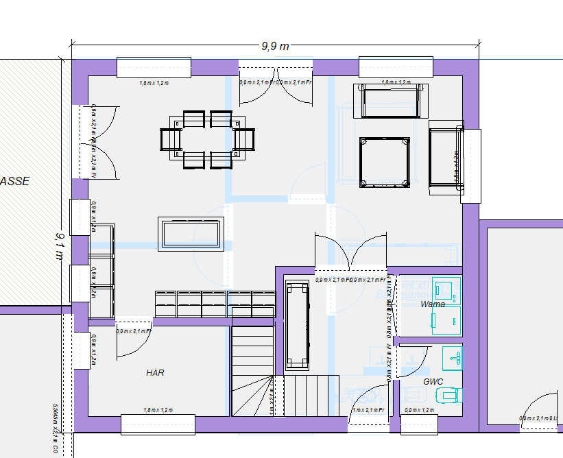 Grundriss eines Wohnbereichs mit Esstisch, Sofa, Treppen, HAR, Waschküche und GWC.