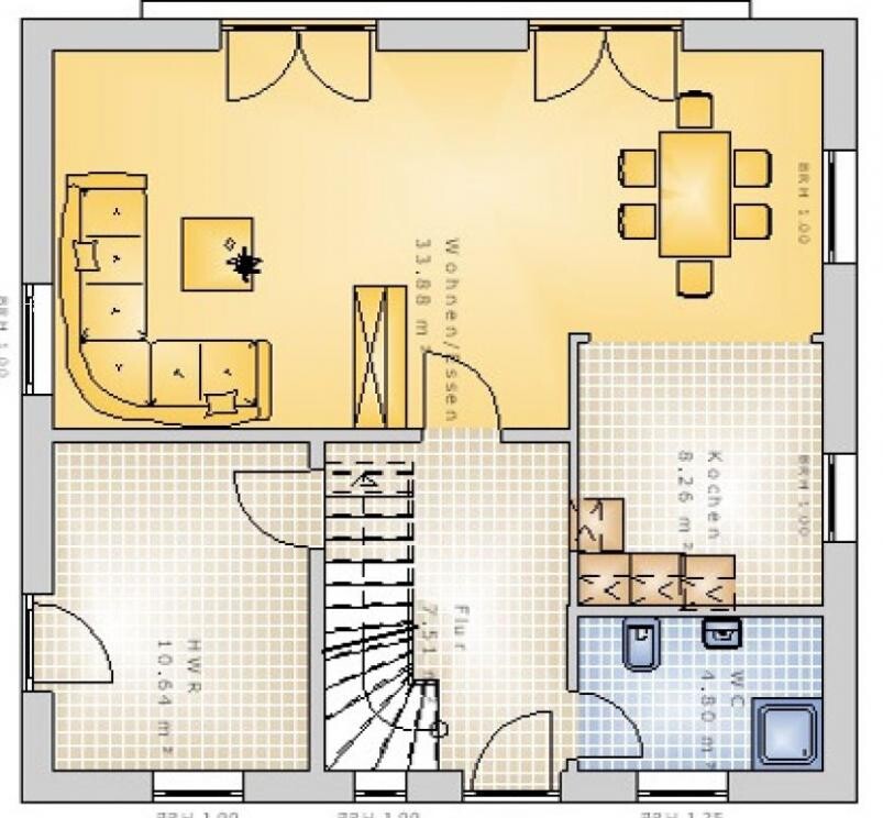 2D Grundriss eines Hauses mit Wohnbereich, Kueche, Flur, Treppenhaus und Bad.