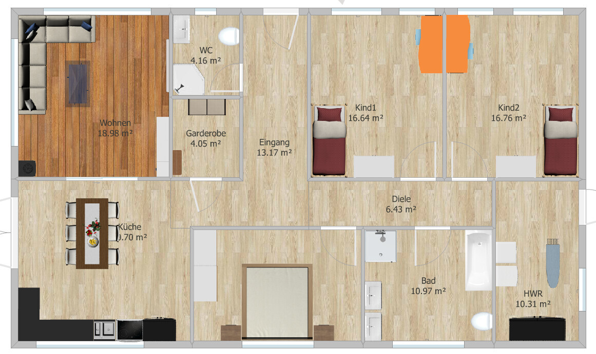 Grundriss einer Wohnung: Wohnzimmer, Küche, Bad, HWR, Diele, Eingang, Garderobe, WC, zwei Kinderzimmer