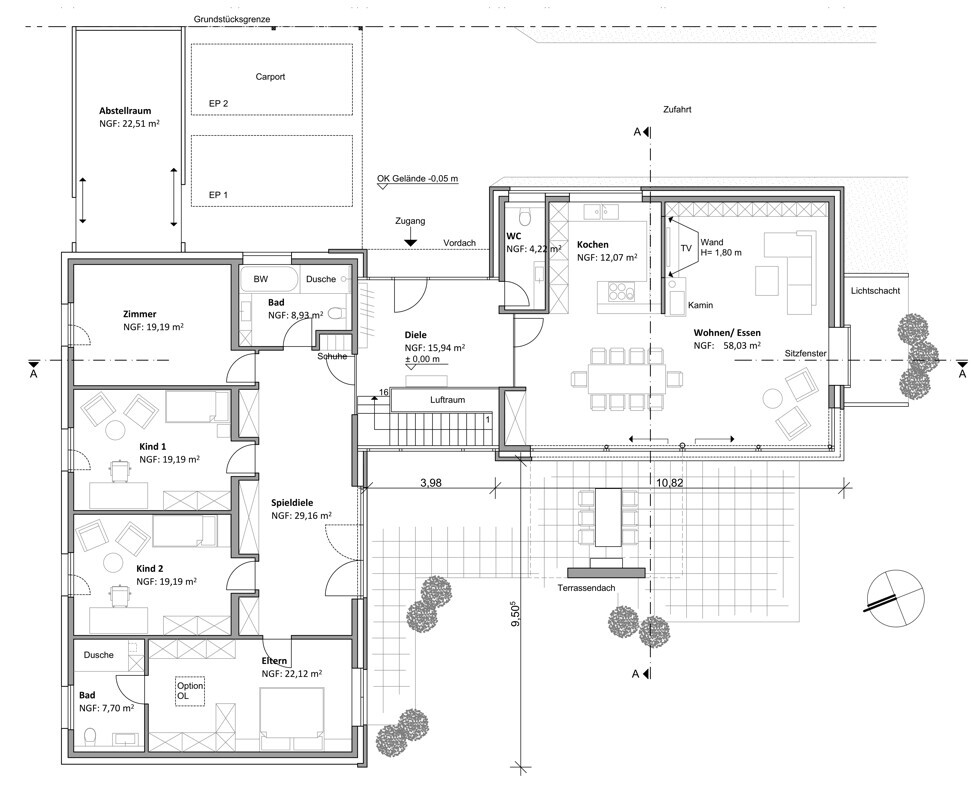 Grundriss eines Hauses mit Carport, Diele, Küche, Wohn-/Essbereich, Bad, Schlafzimmer und Terrasse.