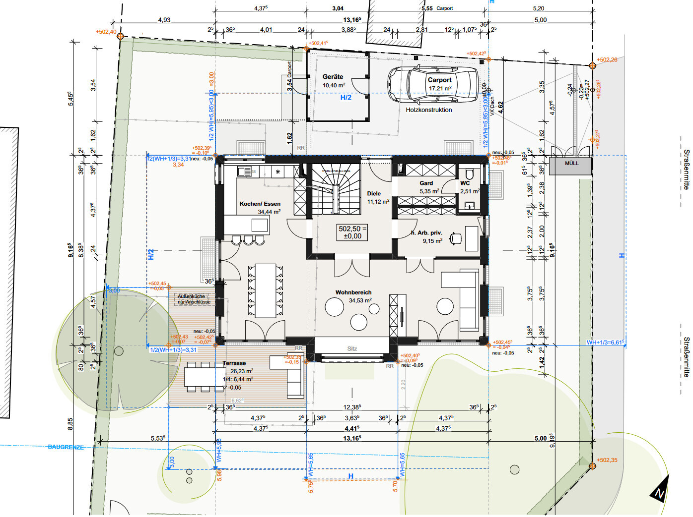 2D-Grundrissplan eines Hauses mit Küche, Wohnbereich, Carport und Garten
