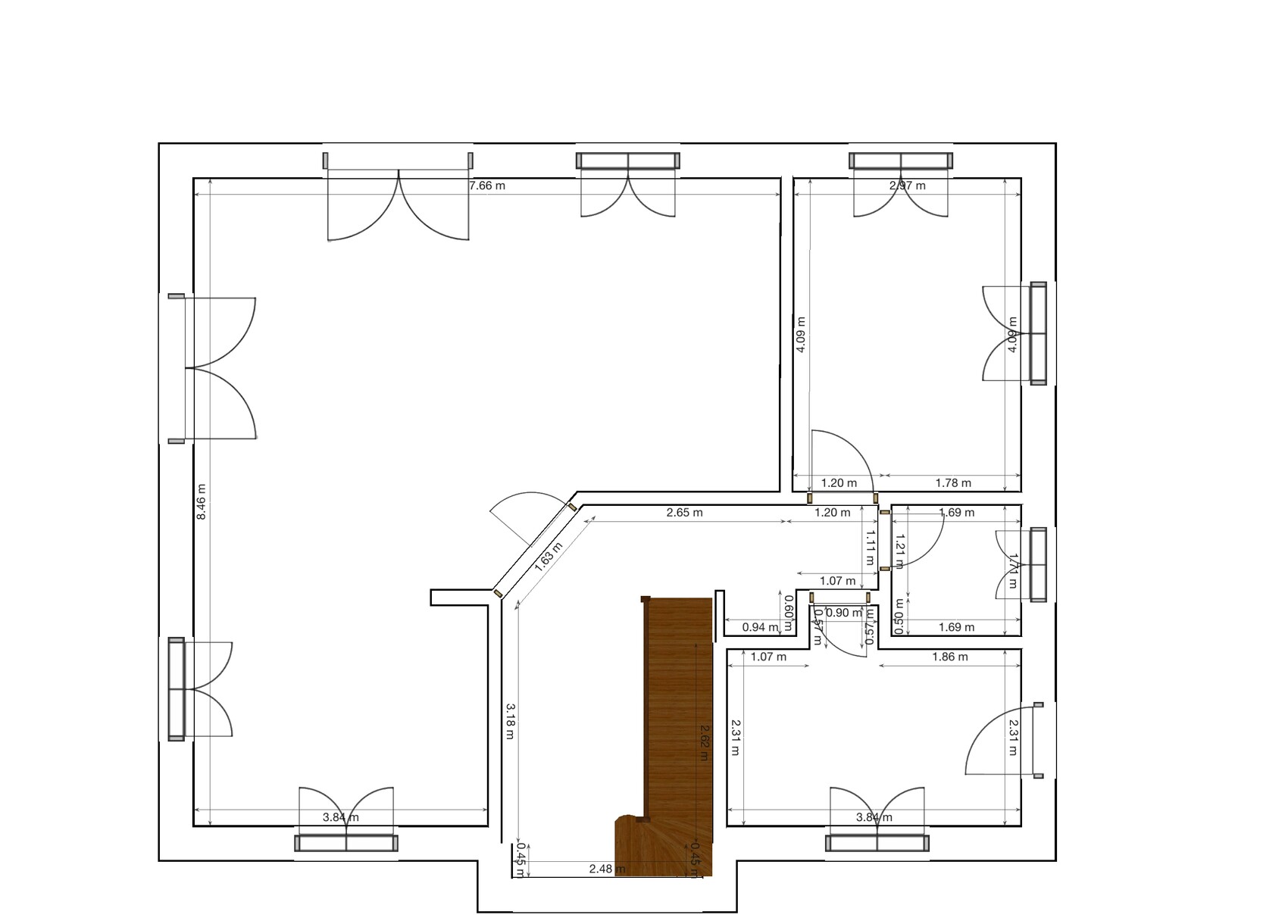 Grundriss eines Innenraums mit Türen, Abmessungen und braunem Möbelstück in der Mitte.