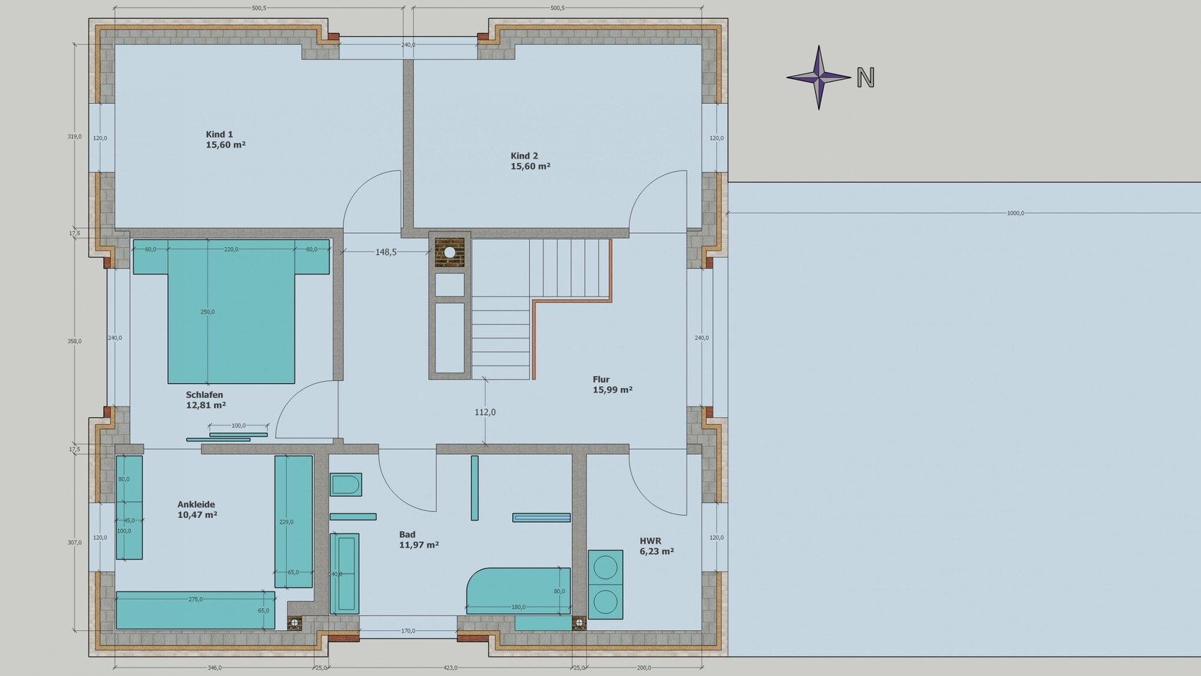 Grundriss eines Hauses mit Schlafzimmer, Kind 1, Kind 2, Bad, Ankleide, Flur und Treppenaufgang.