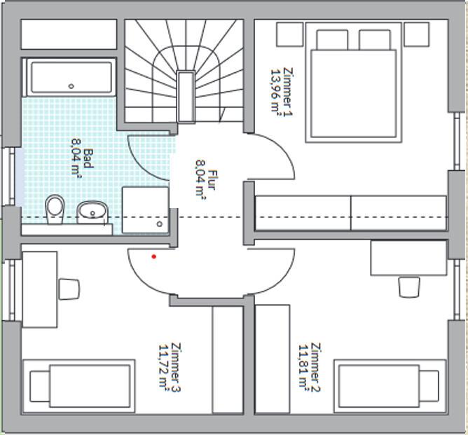 Grundriss eines Hauses mit drei Zimmern, Bad, Flur und Treppenaufgang.