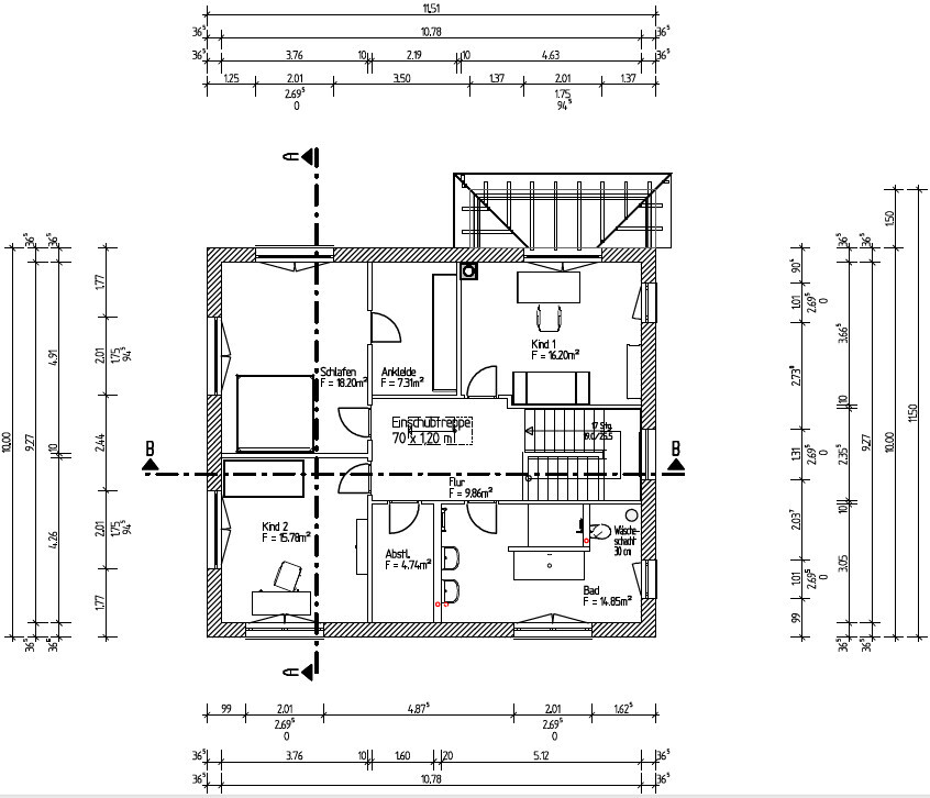 Grundriss eines Hauses: Schlafzimmer, zwei Kinderzimmer, Ankleide, Bad, Flur und Treppe.