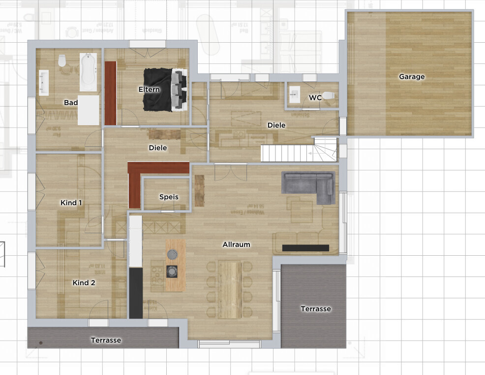 Grundriss eines Hauses: Eltern, Kind 1, Kind 2, Bad, WC, Diele, Speis, Allraum, Terrasse, Garage.