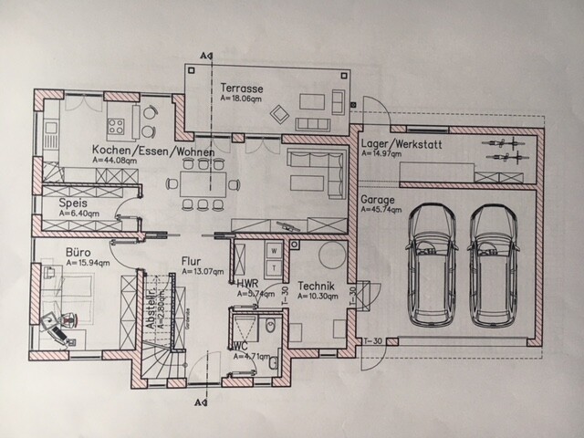 2D-Hausgrundriss mit Küche, Essen, Wohnen, Büro, Flur, Terrasse und Garage