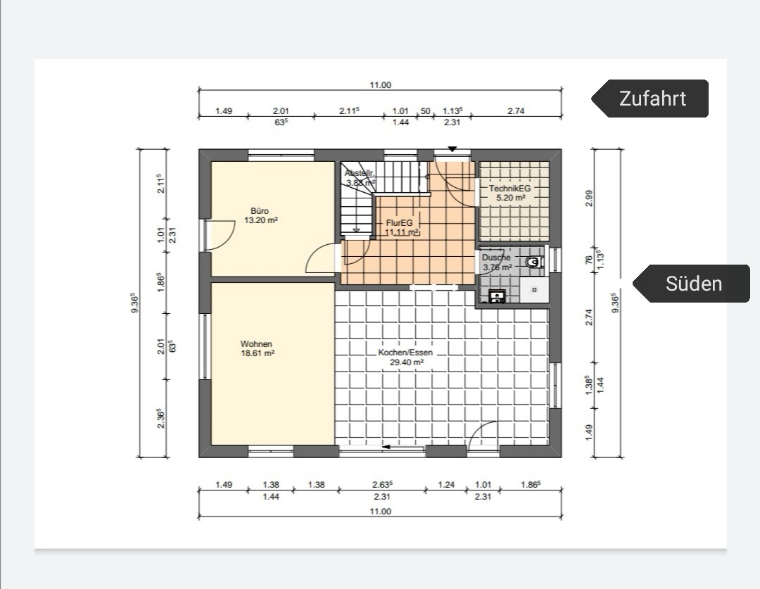 Grundriss eines Hauses: Wohnen 18,61 m², Küche/Essen 29,40 m², Büro 13,20 m².
