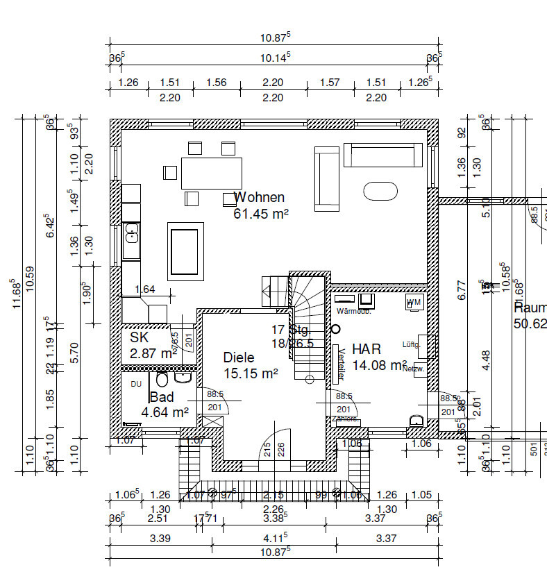 Grundriss: Wohnen, Diele, Bad, HAR, SK; ca. 61,5 + 15,2 + 4,6 + 14,1 m².