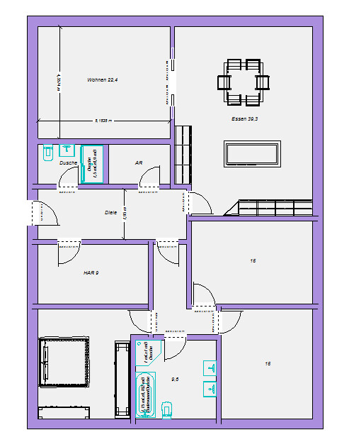 Grundriss einer Wohnung mit Wohnzimmer, Esszimmer, Küche, Bad, Dusche, Flur und Abstellraum.