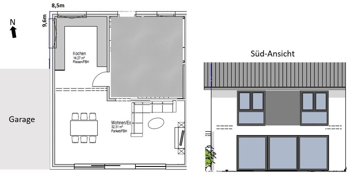 Grundriss eines Hauses: Küche, Wohn- und Essbereich, Garage, Südansicht