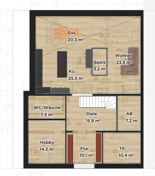 Grundrissplan eines Hauses mit Wohn-, Ess- und Küchenbereich, Flur und Treppenaufgang