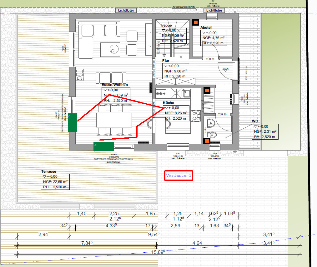Grundriss eines Hauses mit Wohnbereich, Küche, Essbereich, Terrasse, Flur, Treppe und WC.