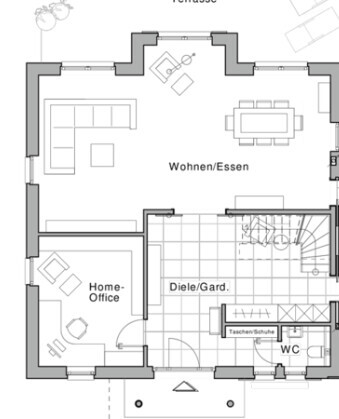 2D Grundriss eines Hauses mit Wohnzimmer, Essbereich, Küche, Diele, WC und Home-Office