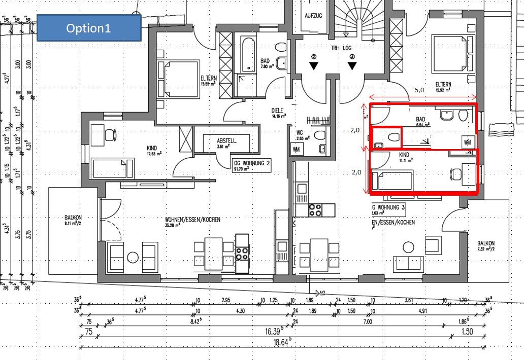 Grundriss einer Wohnung mit roter Markierung rechts: Bad und zwei Kinderräume.