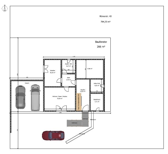 Grundriss eines Hauses mit Carport, Wohn- und Schlafbereichen, Bad/WC sowie Außenbereich.