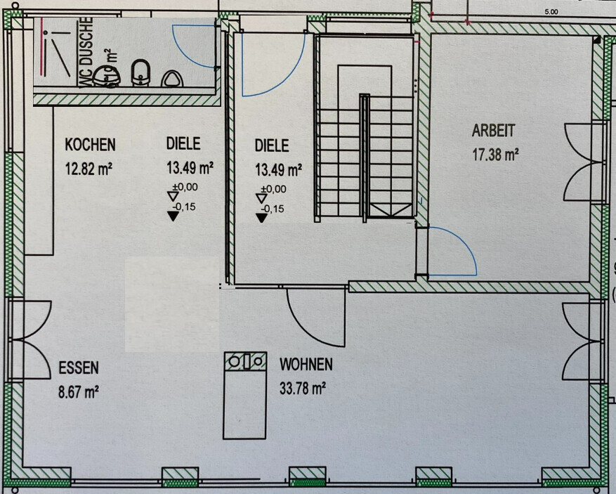 Zweidimensionaler Grundriss eines Hauses mit Küche, Essen, Wohnen, Diele und Arbeitszimmer