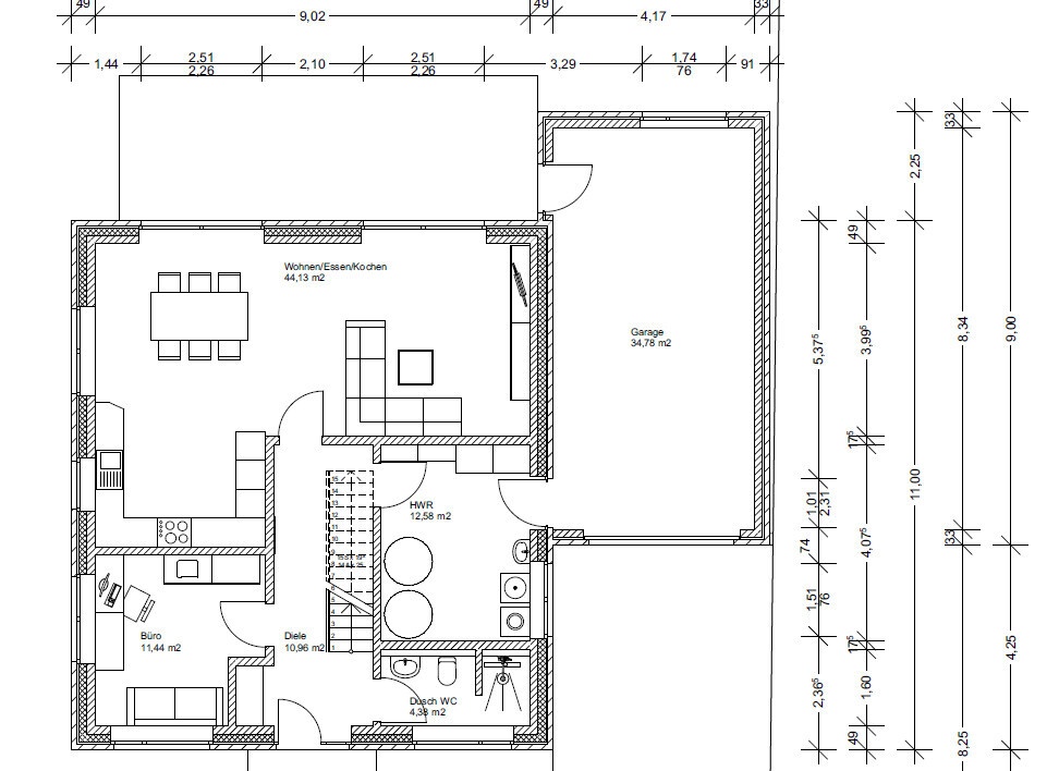 Beschreibung des Grundrisses: Offener Wohn-/Ess-/Kochbereich, Büro, Diele, HWR, Dusche/WC und Garage.