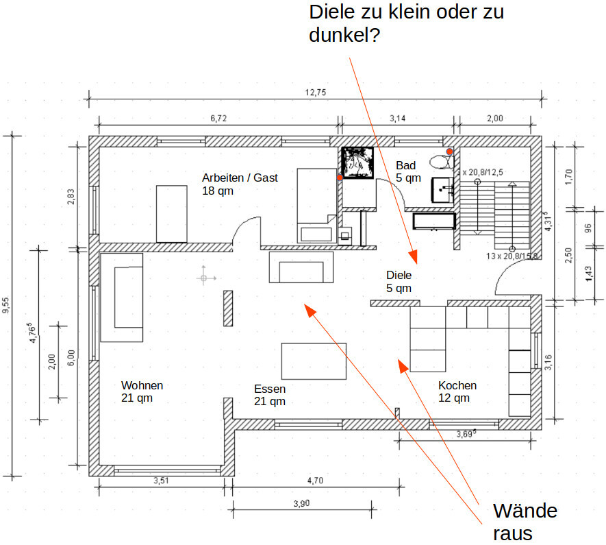 Grundriss eines Hauses mit Wohnen, Essen, Kochen, Diele, Bad und Arbeits-/Gästezimmer.