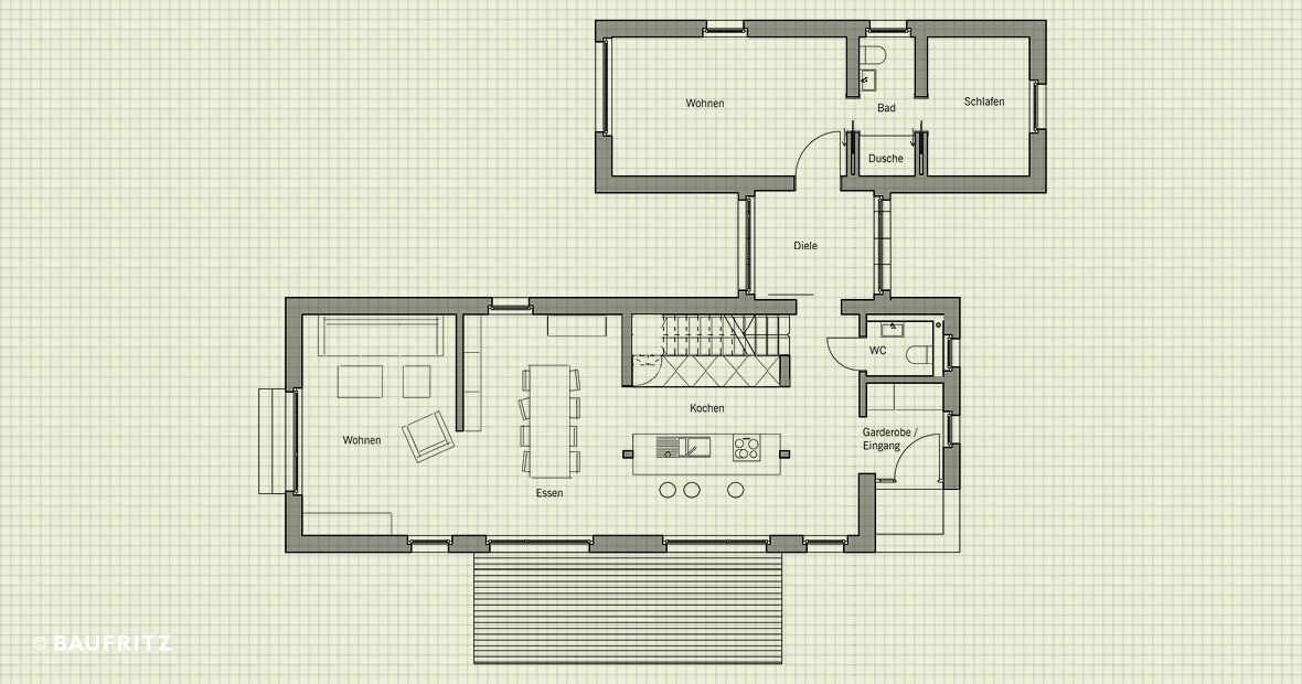 Grundriss: Wohn-/Essbereich, Küche, Garderobe; Diele, Schlafzimmer, Bad, Dusche, WC